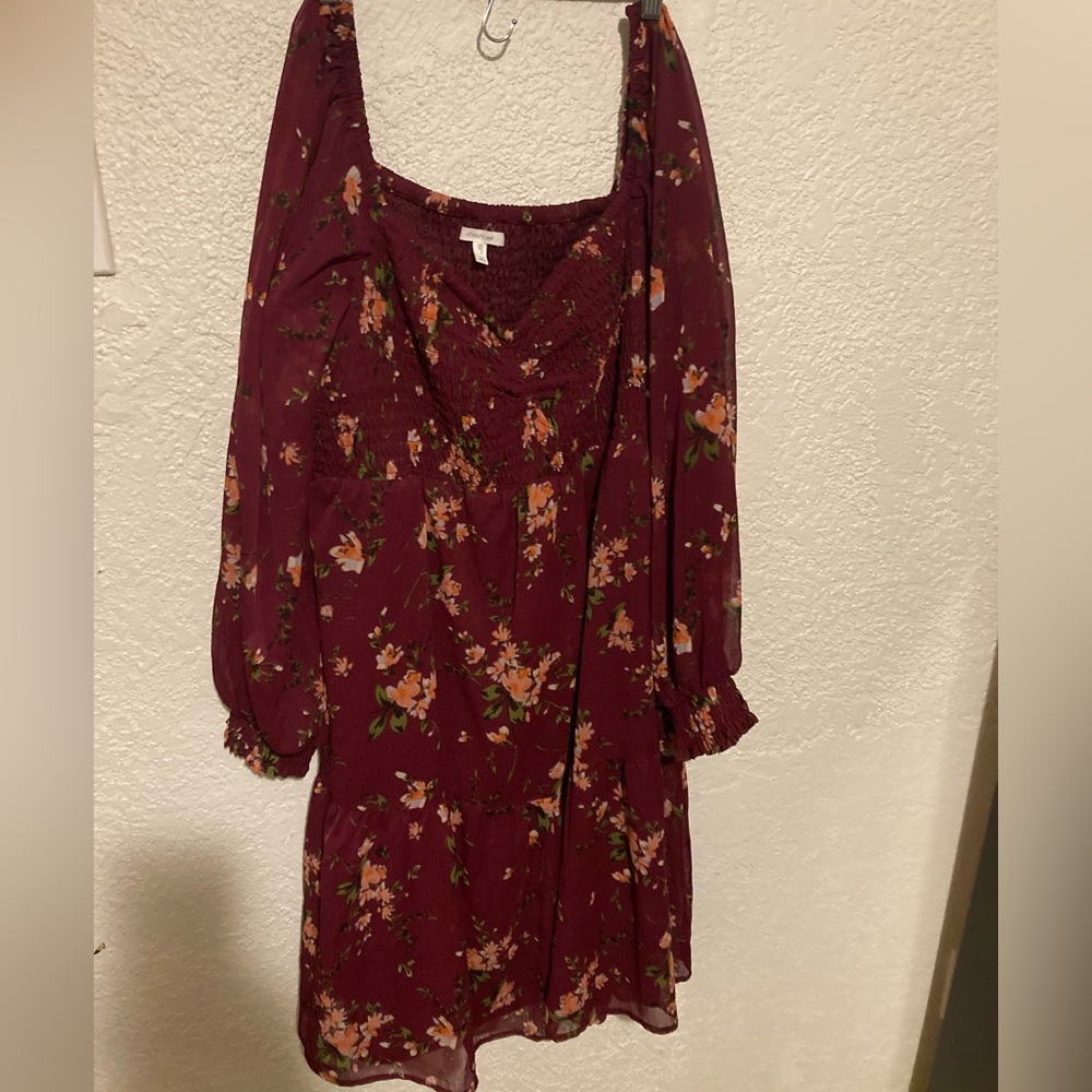 Maurices Maroon Floral smocked dress long sleeve flavored skirt
